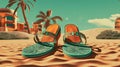 Flip flop sandals on the sandy beach in nostalgic card style. Retro vacation postcard with slippers on the coast Royalty Free Stock Photo