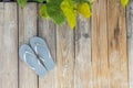 Flip Flop sandals on a sandy beach side boardwalk.  Wide angle Royalty Free Stock Photo