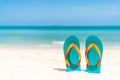 Flip flop on sandy beach, green sea and blue sky background Royalty Free Stock Photo