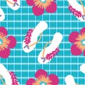 Flip flop shoe on beach seamless vector pattern background. Elegant sandals and flowers on plaid grid backdrop. Colorful Royalty Free Stock Photo