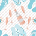 Flip flop shoe and Champagne icons vector seamless pattern background. Pink rose bottles, fizzing glasses, blue sandals Royalty Free Stock Photo