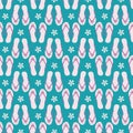 Flip flop shoe on seamless vector pattern background. Elegant sandals with marine decorations oceanside backdrop. Pastel