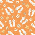 Flip flop shoe on seamless vector pattern background. Elegant sandals with tropical decorations oceanside backdrop