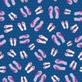 Flip flop shoe on seamless vector pattern background. Elegant sandals with tropical decorations oceanside backdrop. Pink