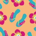 Flip flop shoe on seamless vector pattern background. Elegant sandals with tropical flowers oceanside backdrop. Orange