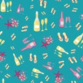 Flip flop shoe seamless vector pattern background. Luxurious pink,gold, aqua blue backdrop with sandals, Champagne