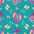 Flip flop shoe seamless vector pattern background. Luxurious pink,gold, aqua blue backdrop with sandals, Fizzing