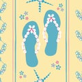 Flip flop shoe seamless vector pattern background. Stylish sandals, starfish, cowrie shell backdrop. Geometric stripe