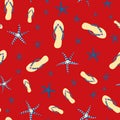 Flip flop shoe seamless vector pattern background. Stylish sandals, starfish nautical theme backdrop. Red, gold, blue