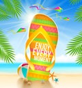 Flip-flop with summer greeting on the tropical beach Royalty Free Stock Photo