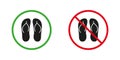 Flip Flop, Summer Slipper Red and Green Warning Signs. Beach Sandal Silhouette Icons Set. Allowed and Prohibited Put