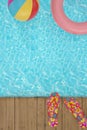 Flip flop on wooden board and pool 3D illustration. Royalty Free Stock Photo