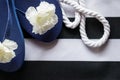 Flip flops on beach bag with white ropes. Summer holiday background Royalty Free Stock Photo