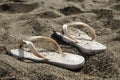 Flip flops on a black sandy beach. Royalty Free Stock Photo