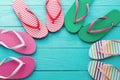 Flip flops on blue wooden floor background. Top view and copy space. Summer fun holidays. Beach Sandals Royalty Free Stock Photo