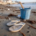 Flip flops and a bucket on a sandy beach near the ocean. Royalty Free Stock Photo