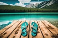 Flip flops on a Dock in front of a Turquoise Water Lake in the Wild Nature illustration generative ai Royalty Free Stock Photo