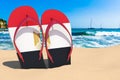 Flip flops with Egyptian flag on the beach. Egypt resorts, vacation, tours, travel packages concept. 3D rendering