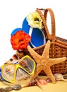 Flip-flops, fishstar, wicker basket. Royalty Free Stock Photo