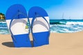 Flip flops with Nicaraguan flag on the beach. Nicaragua resorts, vacation, tours, travel packages concept. 3D rendering