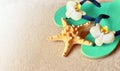 Flip Flops in the sand with starfish . Summertime .beach concept. Royalty Free Stock Photo