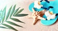 Flip Flops in the sand with starfish . Summertime .beach concept. Royalty Free Stock Photo
