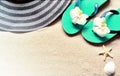 Flip Flops in the sand with starfish . Summertime .beach concept. Royalty Free Stock Photo