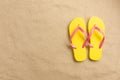 Flip flops on sandy background. Minimal beach concept