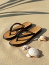 Flip flops and seashells on sandy beach Royalty Free Stock Photo