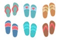 Flip Flops Set, Collection Of Cute Colorful Female Shoes For Summer Design. Vector Cartoon Illustration.