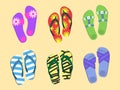 Flip flops set. Colorful beach wear. Men`s and women`s summer fashion. Royalty Free Stock Photo
