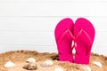 Flip flops with shellfish and sand for summetime with copy space Royalty Free Stock Photo