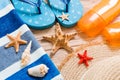 Flip flops, straw hat, starfish, sunscreen bottle, body lotion spray on wooden background top view . flat lay summer beach sea Royalty Free Stock Photo