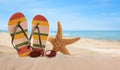Flip flops and stylish sunglasses on sand near ocean, space for text. Beach accessories Royalty Free Stock Photo