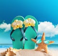 Flip-flops, sunglasses with starfish on summer beach Royalty Free Stock Photo