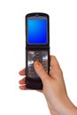 Flip mobile phone in hand Royalty Free Stock Photo