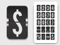 Flip number and symbol scoreboard on transparent background. Vector illustration template. Analog countdown number font.