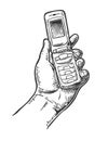 Flip Phone hold male hand.Vintage drawn engraving illustration Royalty Free Stock Photo