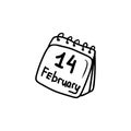 Flip-up desk calendar with the date of 14th February - Happy Saint Valentine\'s Day. Hand drawn vector sketch illustration in