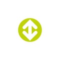 Flip Vertical icon. Two white opposite arrows in green circle isolated on white. Flat icon. Exchange