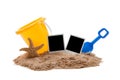 Flipflops, sand, bucket and starfish
