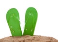 Flipflops in sand on white with copy space Royalty Free Stock Photo