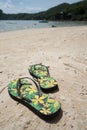 Flipflops on a sandy ocean beach over tropical landscape