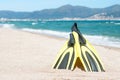 Flippers, diving mask, snorkeling accessories on the beach during sunny day closeup against sea background. Background for summer Royalty Free Stock Photo