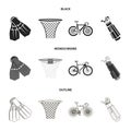 Flippers for swimming, basketball basket, net, racing holograph, golf bag. Sport set collection icons in black Royalty Free Stock Photo