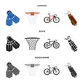 Flippers for swimming, basketball basket, net, racing holograph, golf bag. Sport set collection icons in cartoon,black Royalty Free Stock Photo