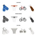 Flippers for swimming, basketball basket, net, racing holograph, golf bag. Sport set collection icons in cartoon,outline Royalty Free Stock Photo