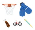 Flippers for swimming, basketball basket, net, racing holograph, golf bag. Sport set collection icons in cartoon style Royalty Free Stock Photo
