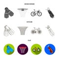 Flippers for swimming, basketball basket, net, racing holograph, golf bag. Sport set collection icons in flat,outline Royalty Free Stock Photo