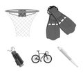 Flippers for swimming, basketball basket, net, racing holograph, golf bag. Sport set collection icons in monochrome Royalty Free Stock Photo